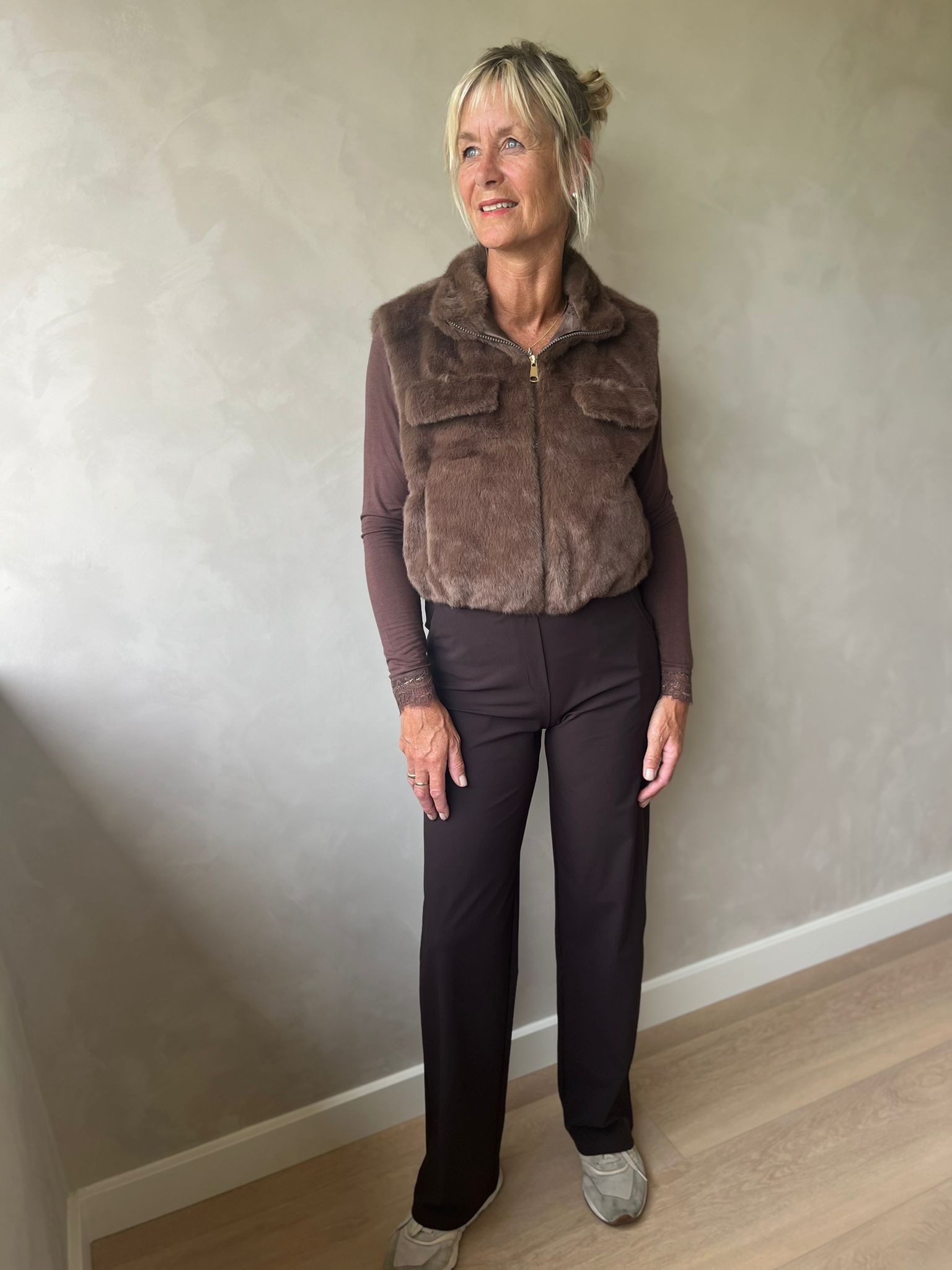 Bodywarmer faux fur licht donkerbruin