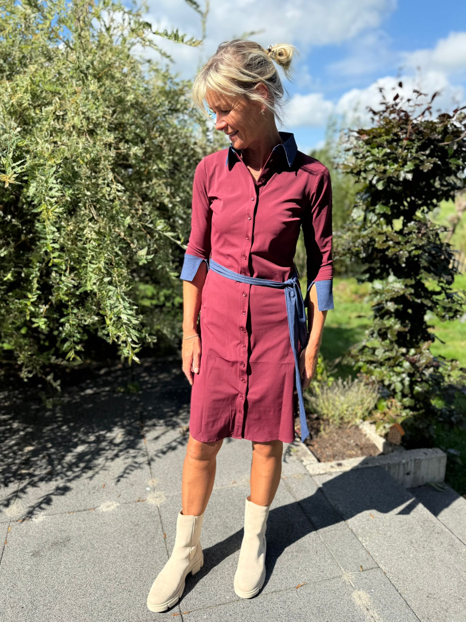 Mi Piace travel jurk drie kwart mouw bordeaux jeans
