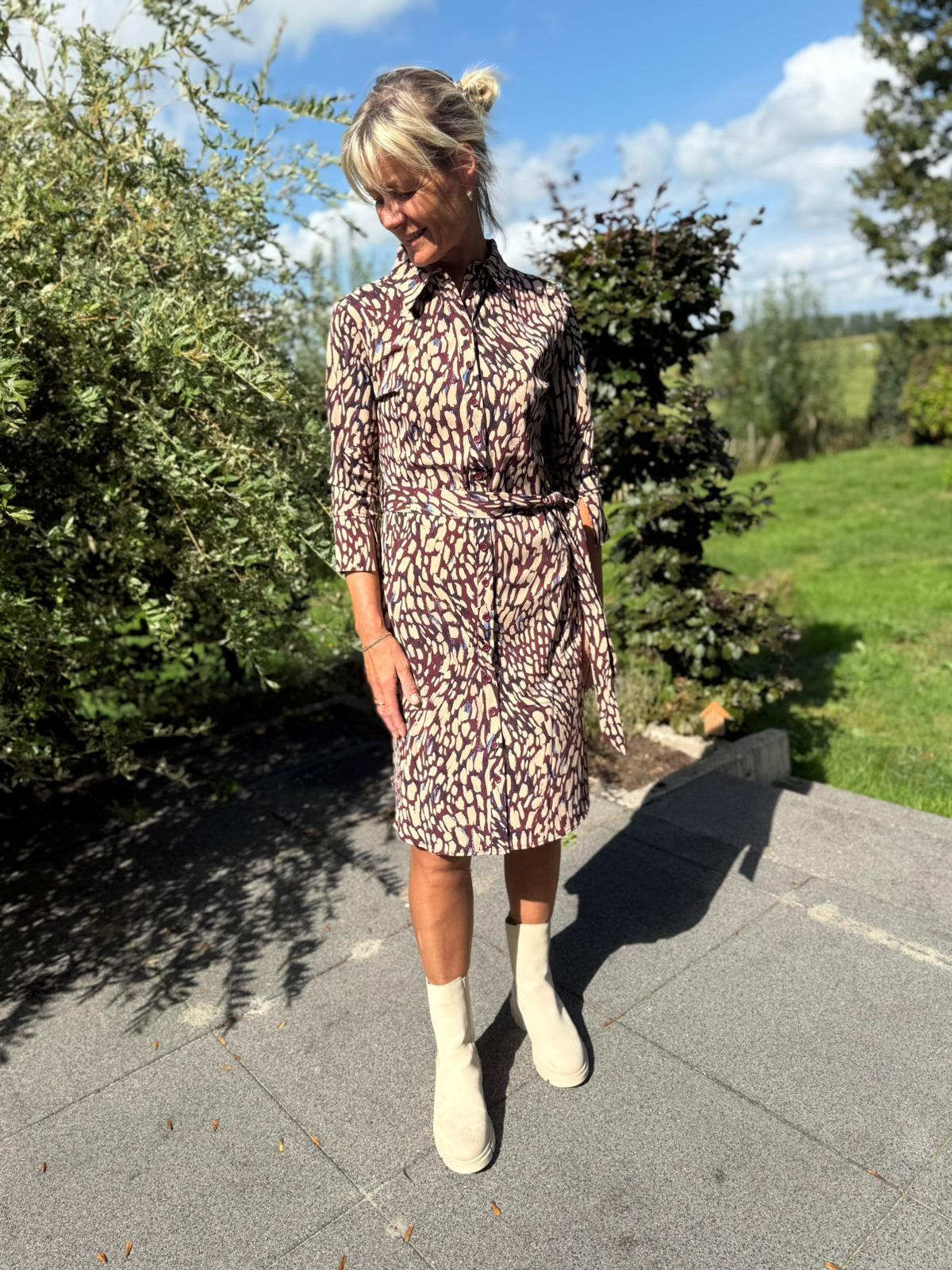 Mi Piace travel jurk drie kwart mouw bordeaux print